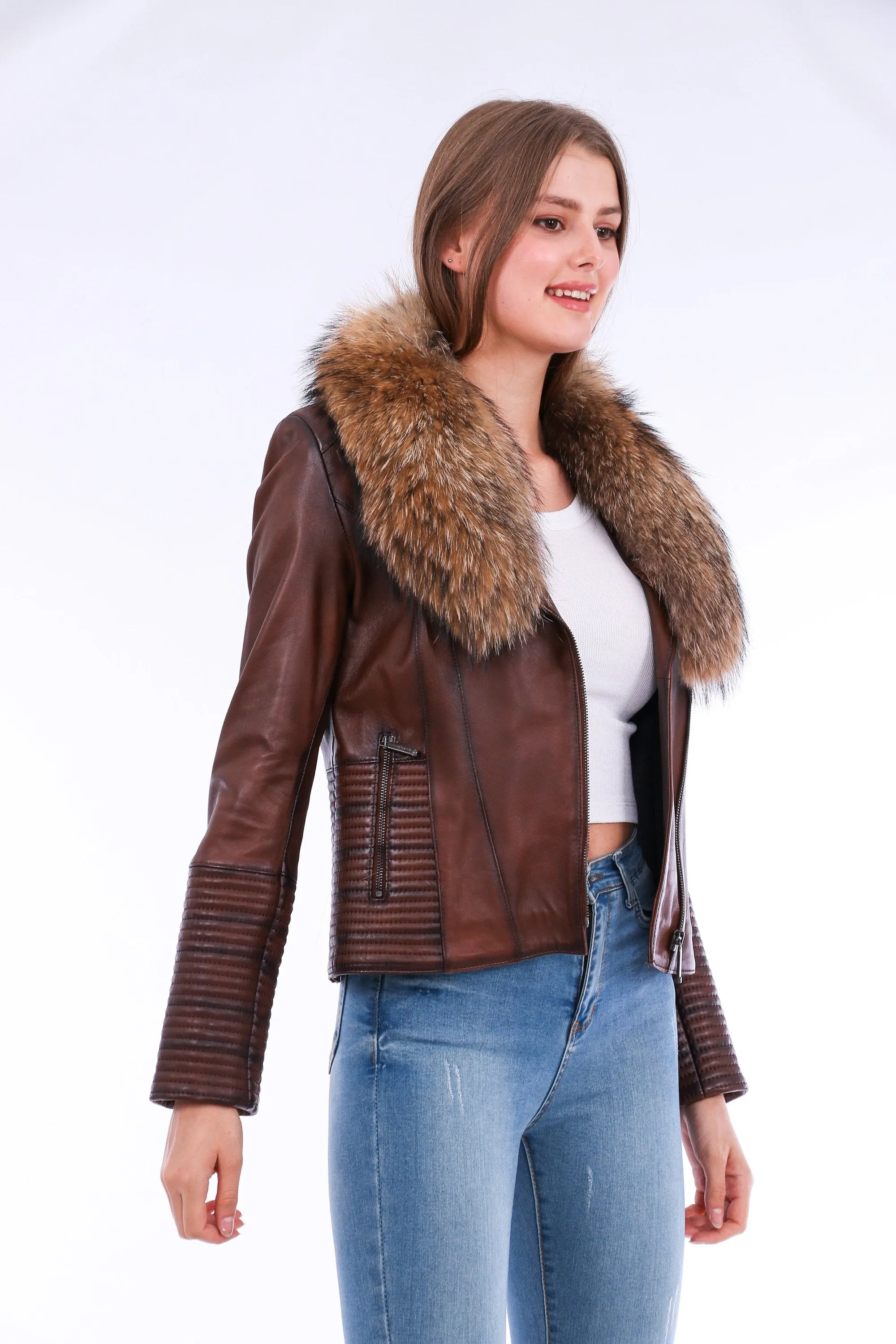 Leather Biker Jacket - Brown