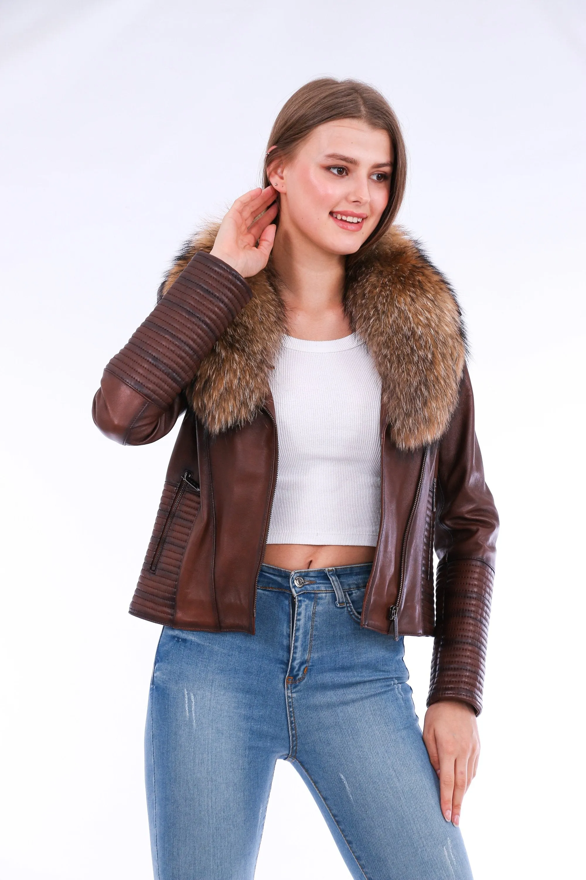 Leather Biker Jacket - Brown