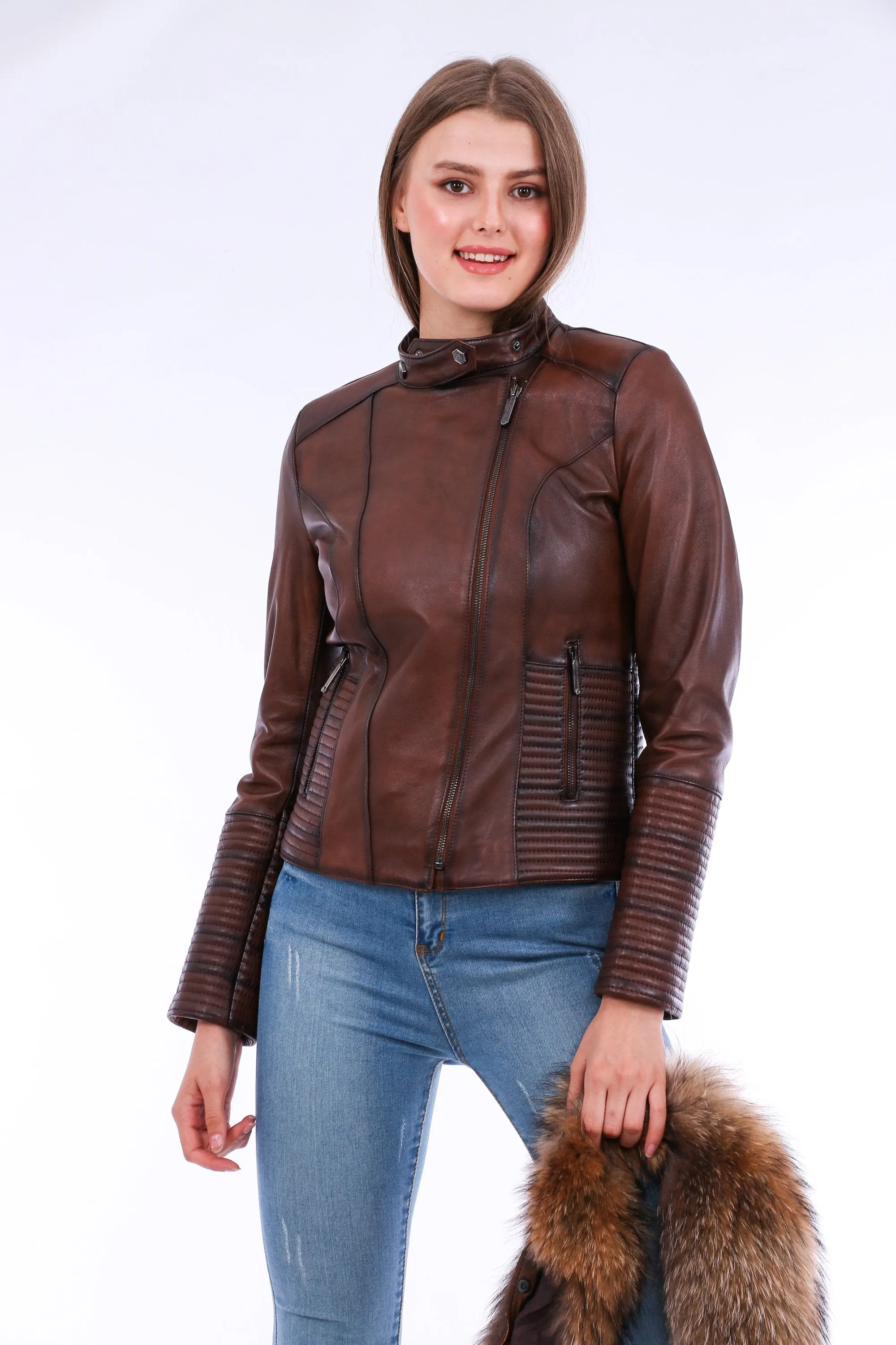 Leather Biker Jacket - Brown