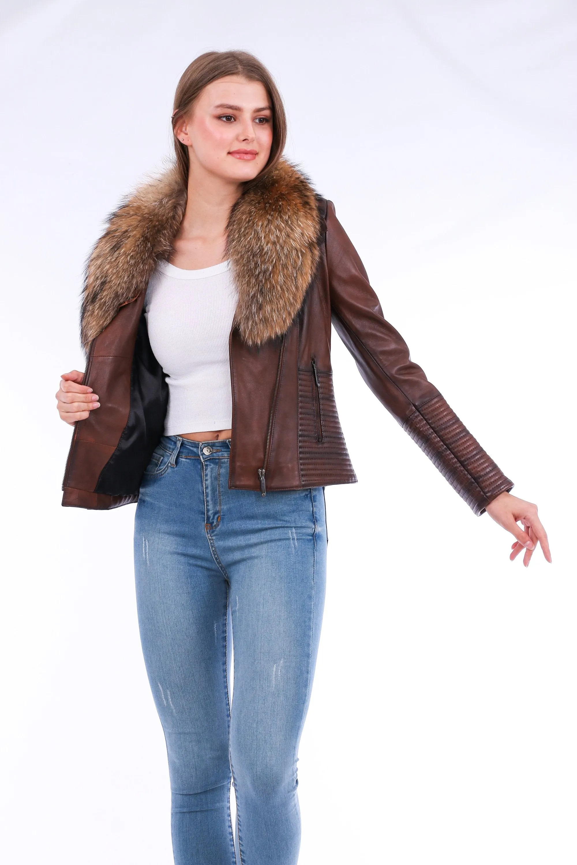 Leather Biker Jacket - Brown