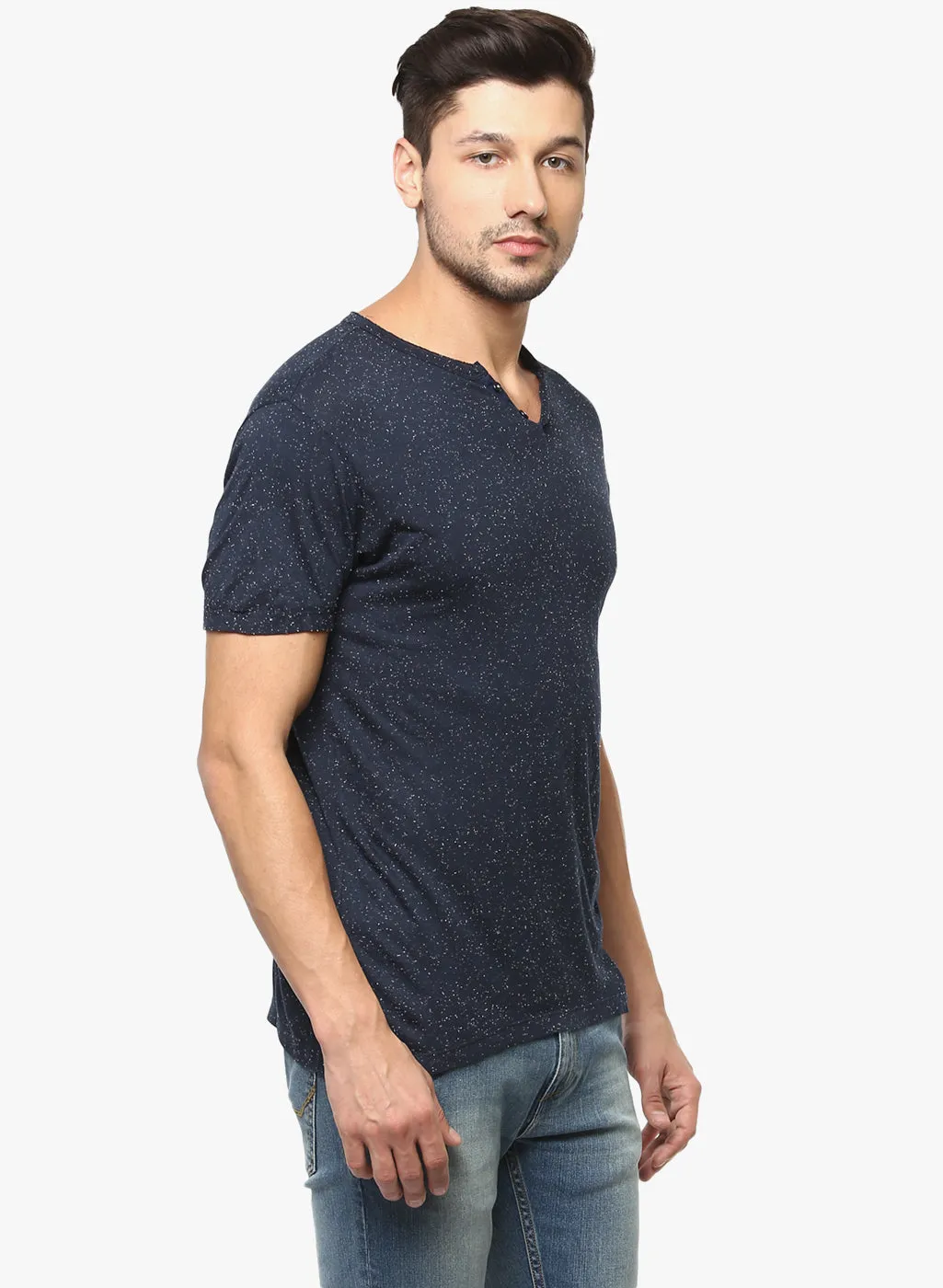 Navy Blue Printed Henley Neck T-shirt
