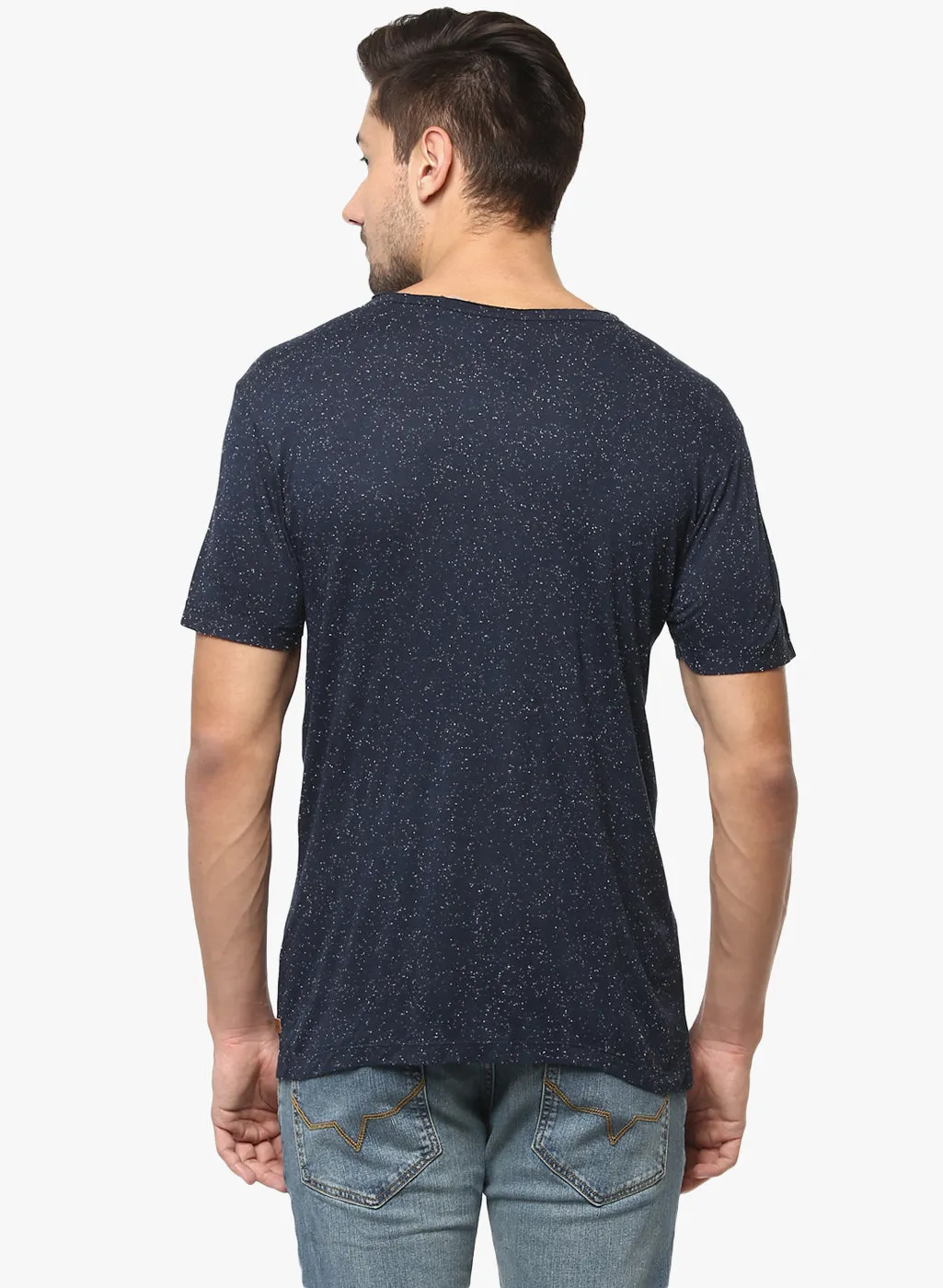 Navy Blue Printed Henley Neck T-shirt