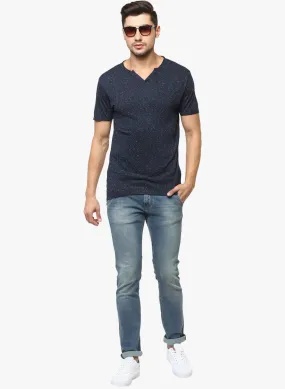 Navy Blue Printed Henley Neck T-shirt