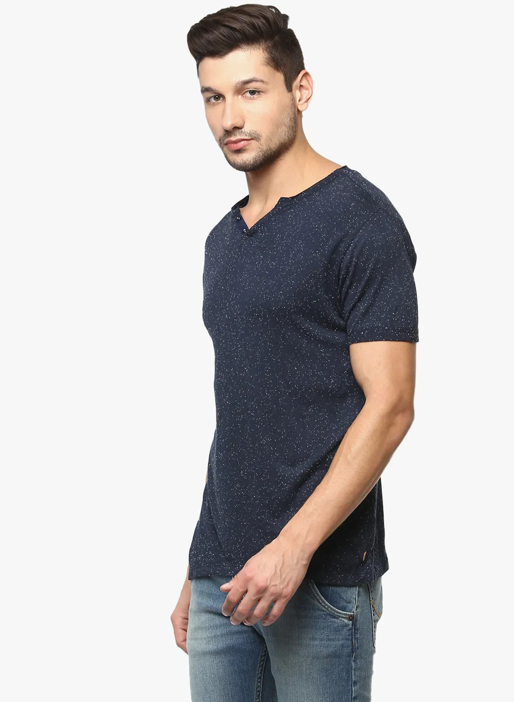 Navy Blue Printed Henley Neck T-shirt