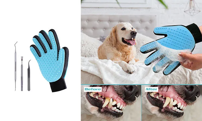 Pets Grooming Glove - Tick Remover Tool Set with Stainless Steel Tweezers