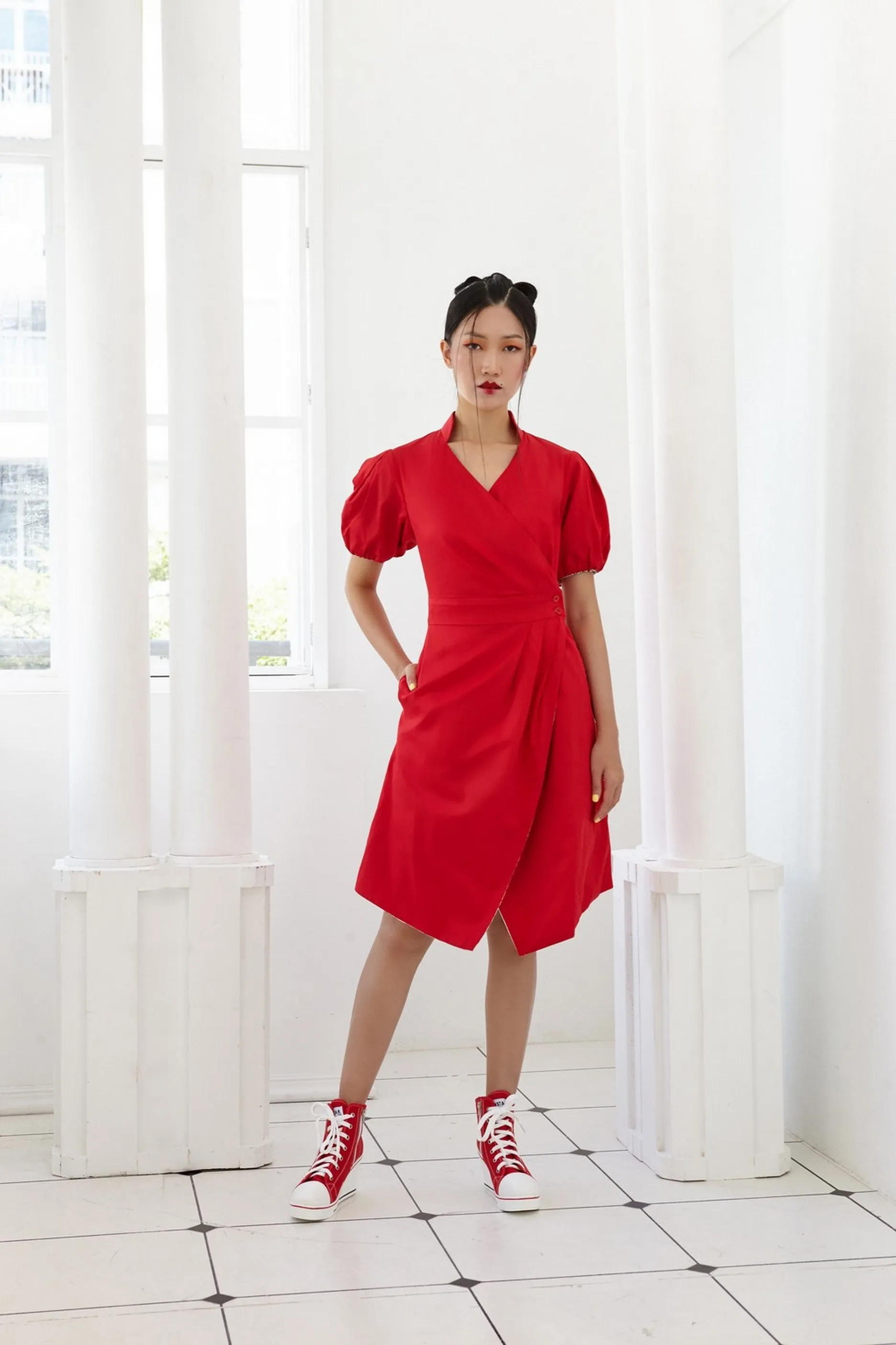 Pre-Order MIX BATIK, YUANYANG PRINTED AND RED COTTON REVERSIBLE WRAP DRESS WITH PUFF SLEEVES - MULTI