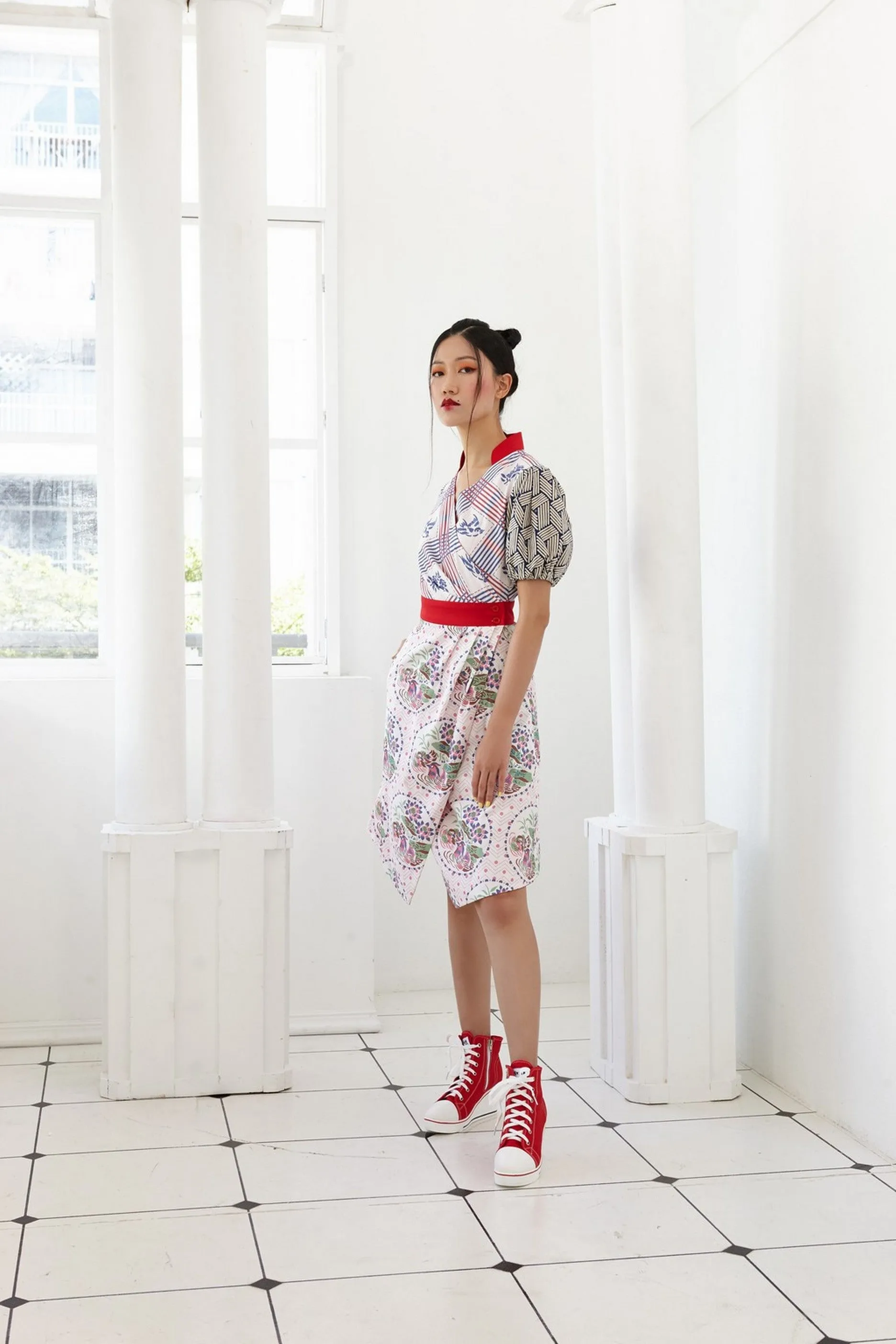 Pre-Order MIX BATIK, YUANYANG PRINTED AND RED COTTON REVERSIBLE WRAP DRESS WITH PUFF SLEEVES - MULTI
