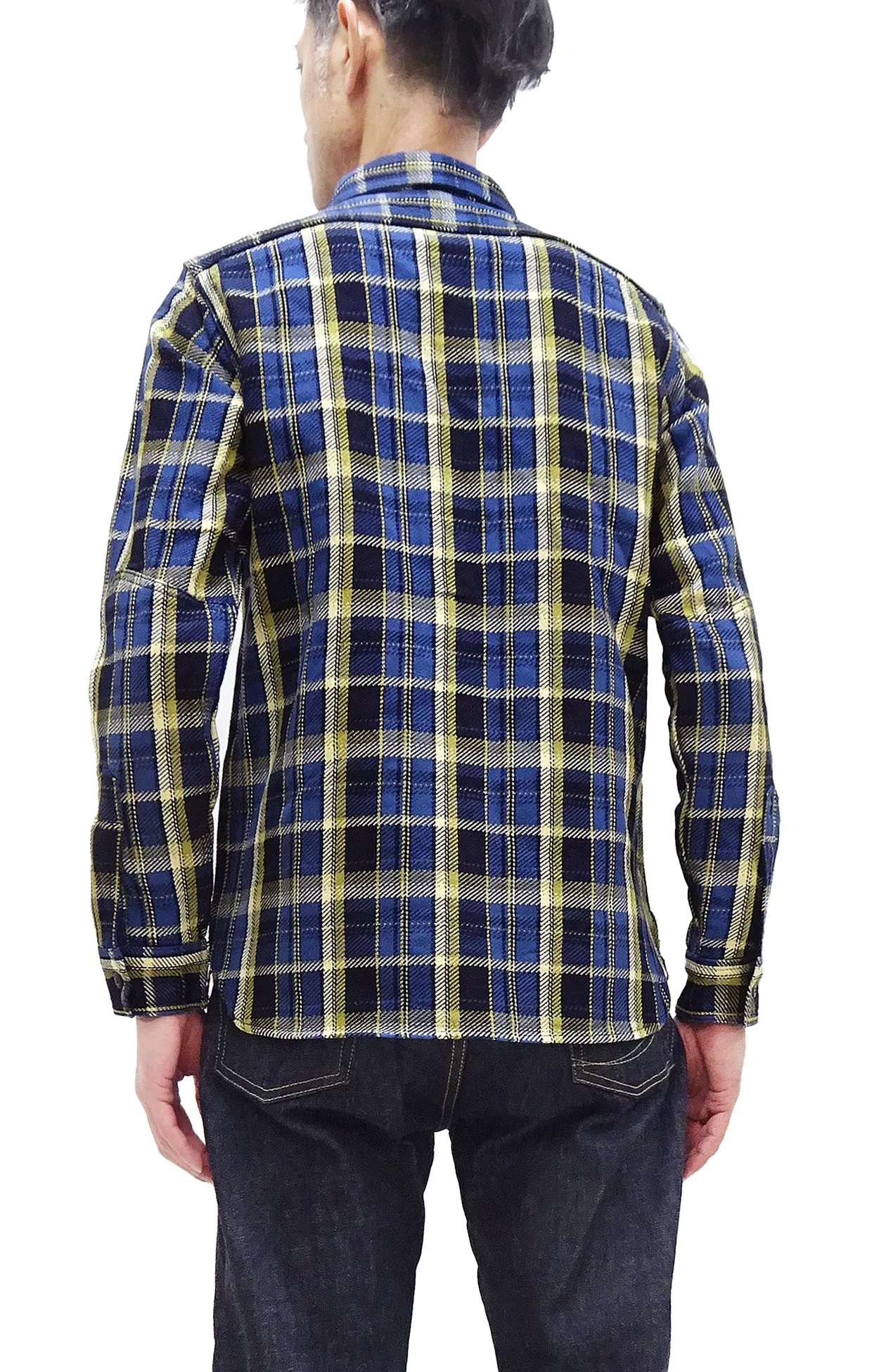 Samurai Jeans Indigo Plaid Flannel Shirt Men's Heavyweight Long Sleeve Button Up Work Shirt SIN23-01 Indigo/Blue Plaid