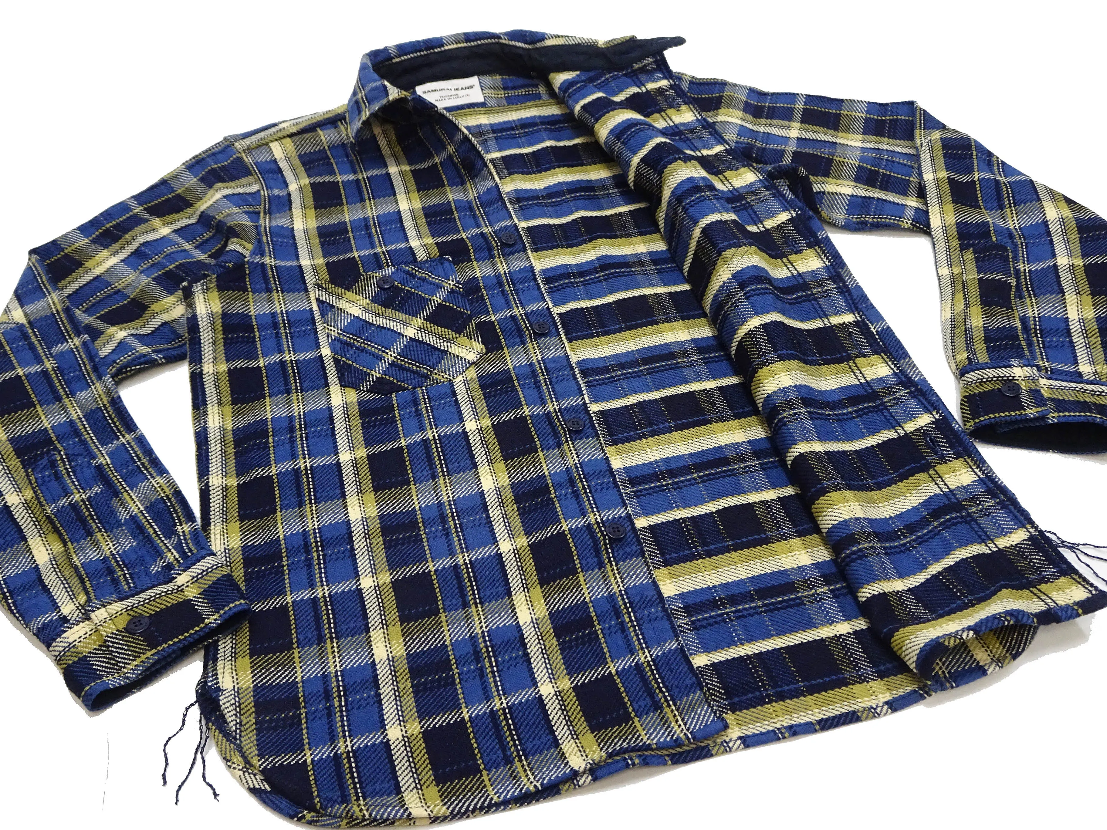 Samurai Jeans Indigo Plaid Flannel Shirt Men's Heavyweight Long Sleeve Button Up Work Shirt SIN23-01 Indigo/Blue Plaid