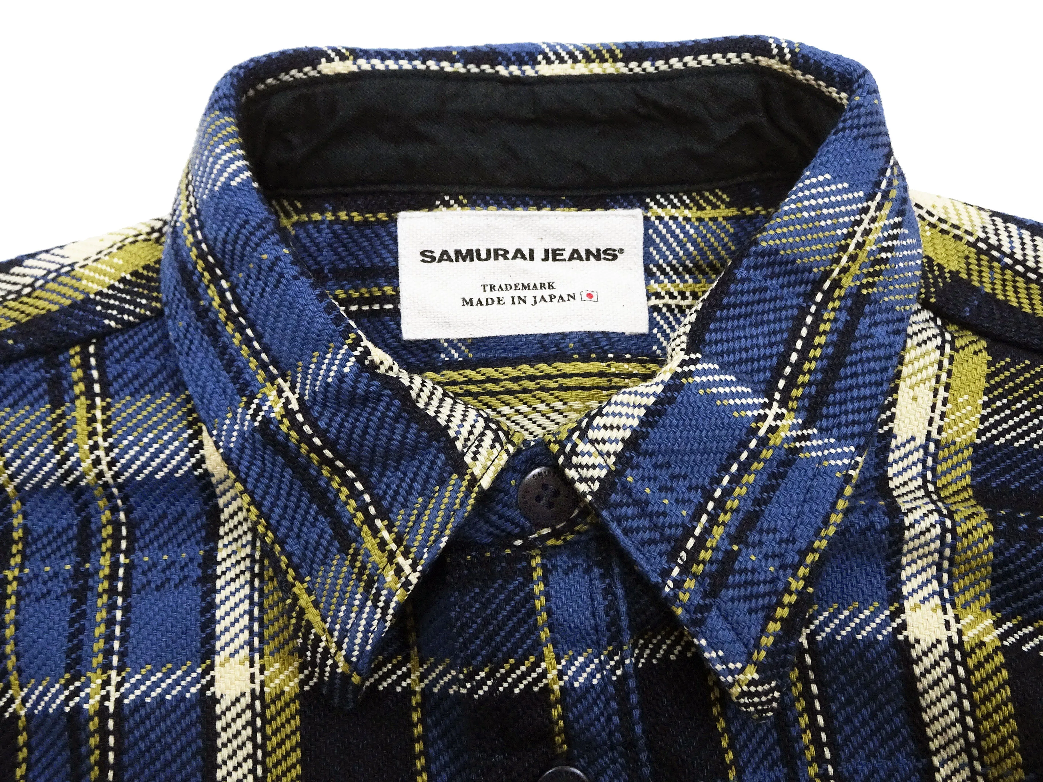 Samurai Jeans Indigo Plaid Flannel Shirt Men's Heavyweight Long Sleeve Button Up Work Shirt SIN23-01 Indigo/Blue Plaid
