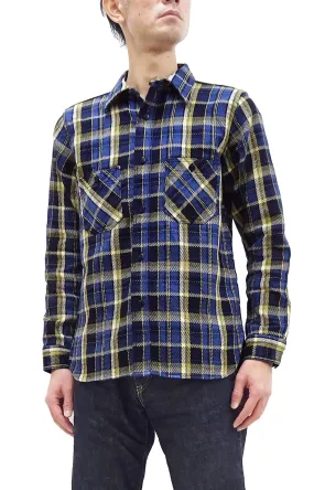 Samurai Jeans Indigo Plaid Flannel Shirt Men's Heavyweight Long Sleeve Button Up Work Shirt SIN23-01 Indigo/Blue Plaid