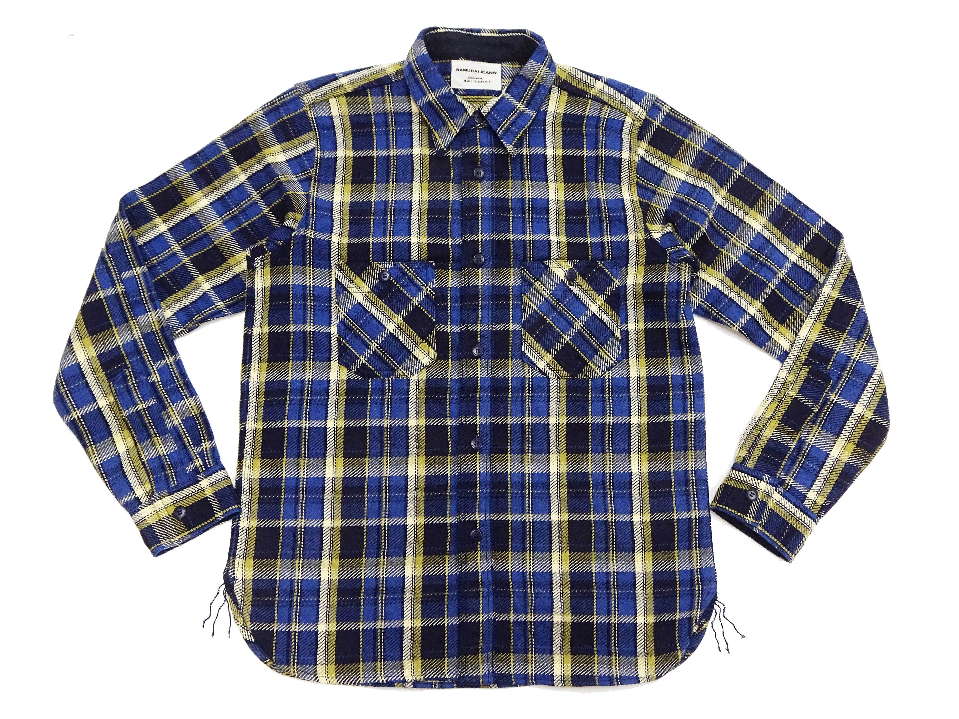 Samurai Jeans Indigo Plaid Flannel Shirt Men's Heavyweight Long Sleeve Button Up Work Shirt SIN23-01 Indigo/Blue Plaid