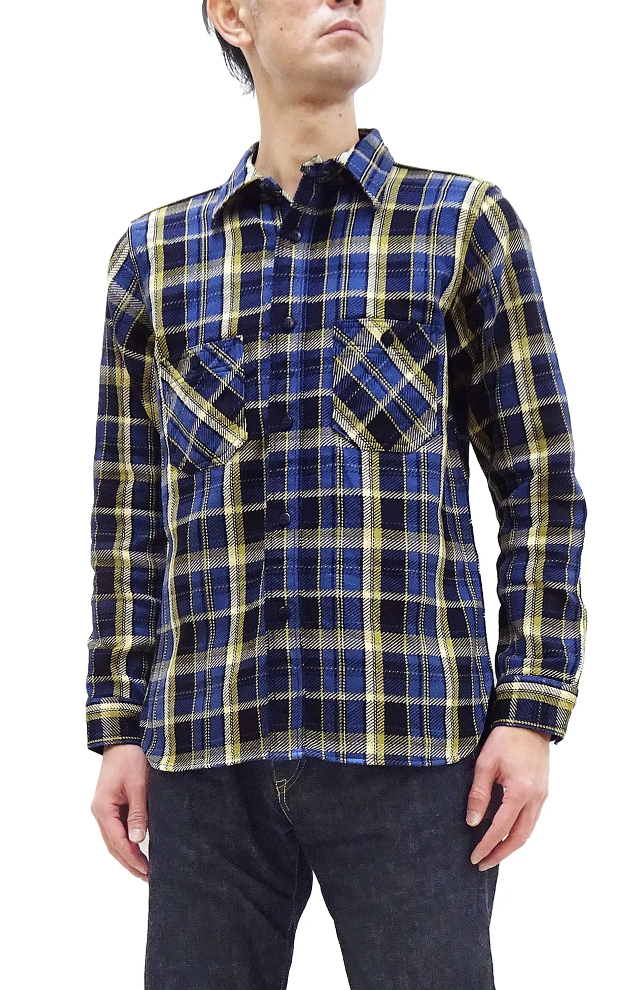 Samurai Jeans Indigo Plaid Flannel Shirt Men's Heavyweight Long Sleeve Button Up Work Shirt SIN23-01 Indigo/Blue Plaid