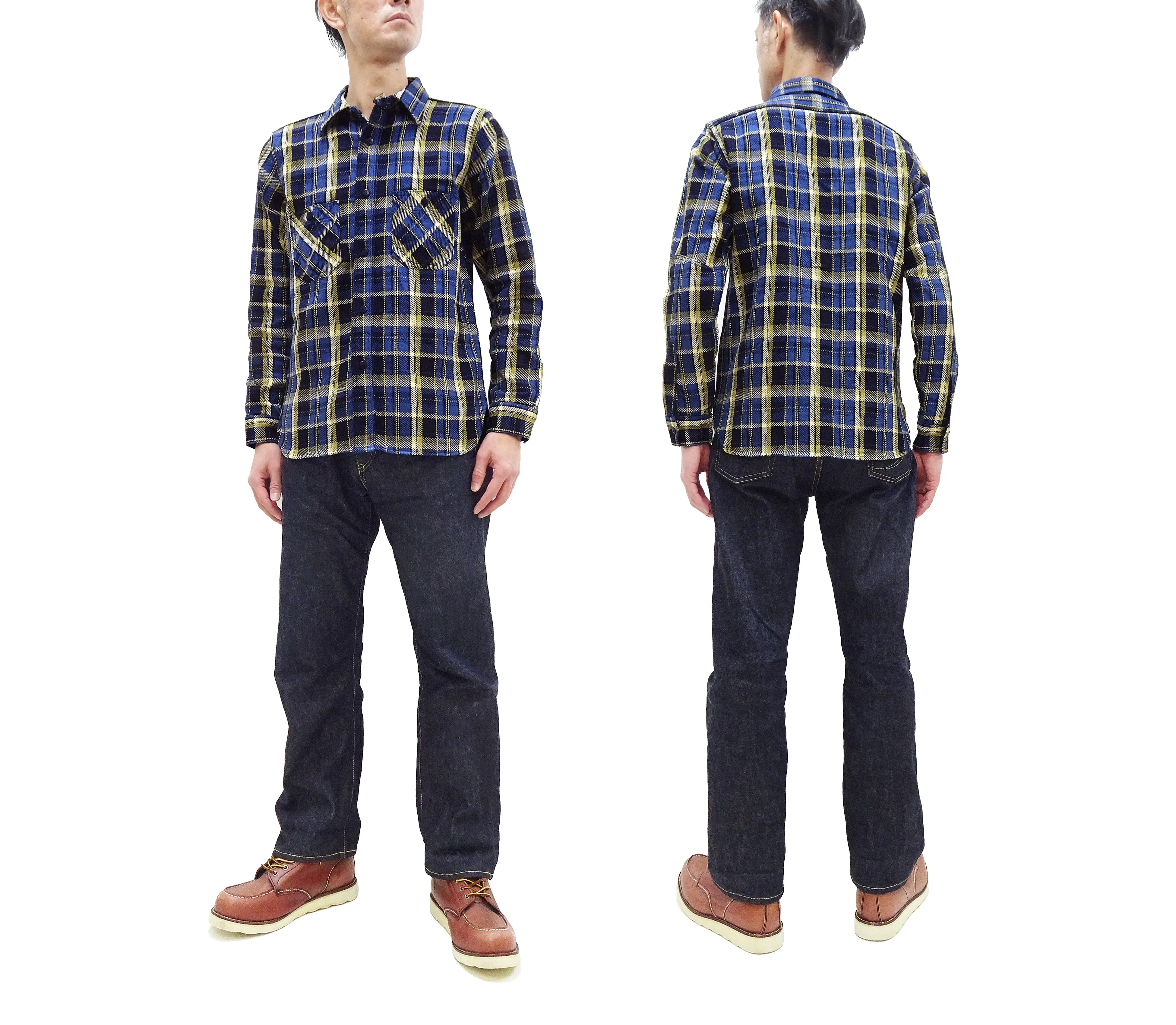 Samurai Jeans Indigo Plaid Flannel Shirt Men's Heavyweight Long Sleeve Button Up Work Shirt SIN23-01 Indigo/Blue Plaid
