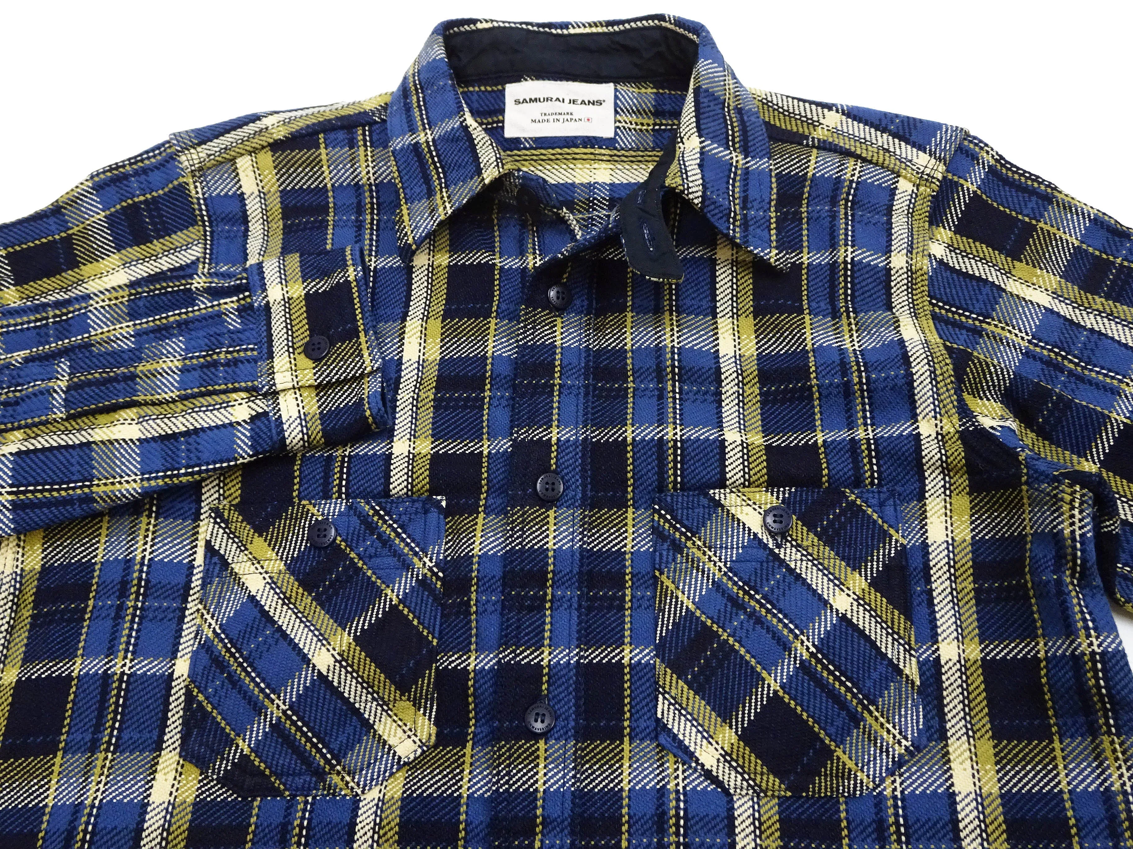 Samurai Jeans Indigo Plaid Flannel Shirt Men's Heavyweight Long Sleeve Button Up Work Shirt SIN23-01 Indigo/Blue Plaid