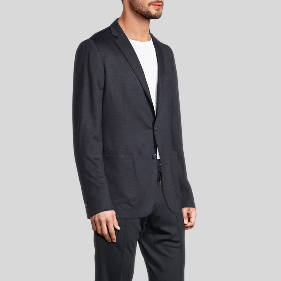 Shadow Plaid Patch Pocket Jersey Blazer - Navy