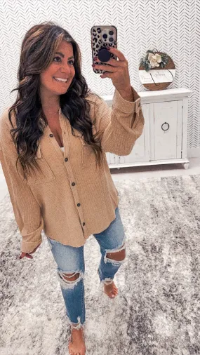 Taupe Ribbed Front Button Shacket