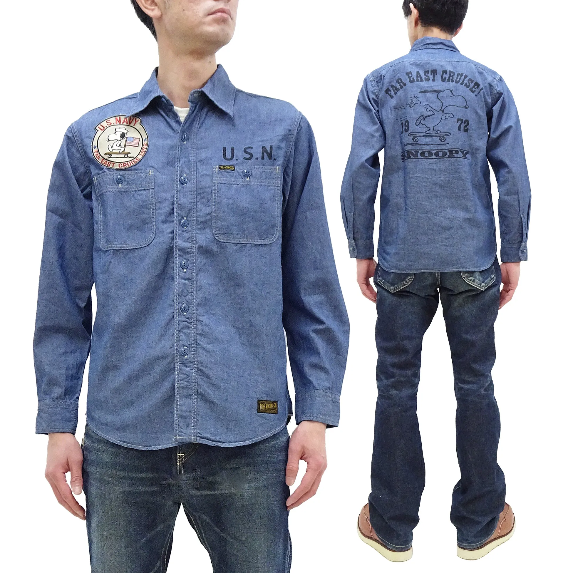 TOYS McCOY Blue Chambray Shirt Men's Snoopy Custom Long Sleeve Button Up Work Shirt TMS2402